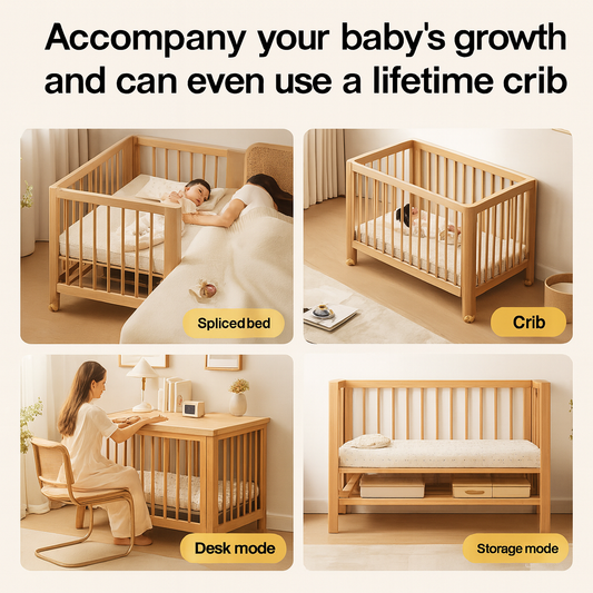 Adjustable Beechwood Baby Crib Convertible Bedside Sleeper with Guardrail, Cot, Child Sleep an desk